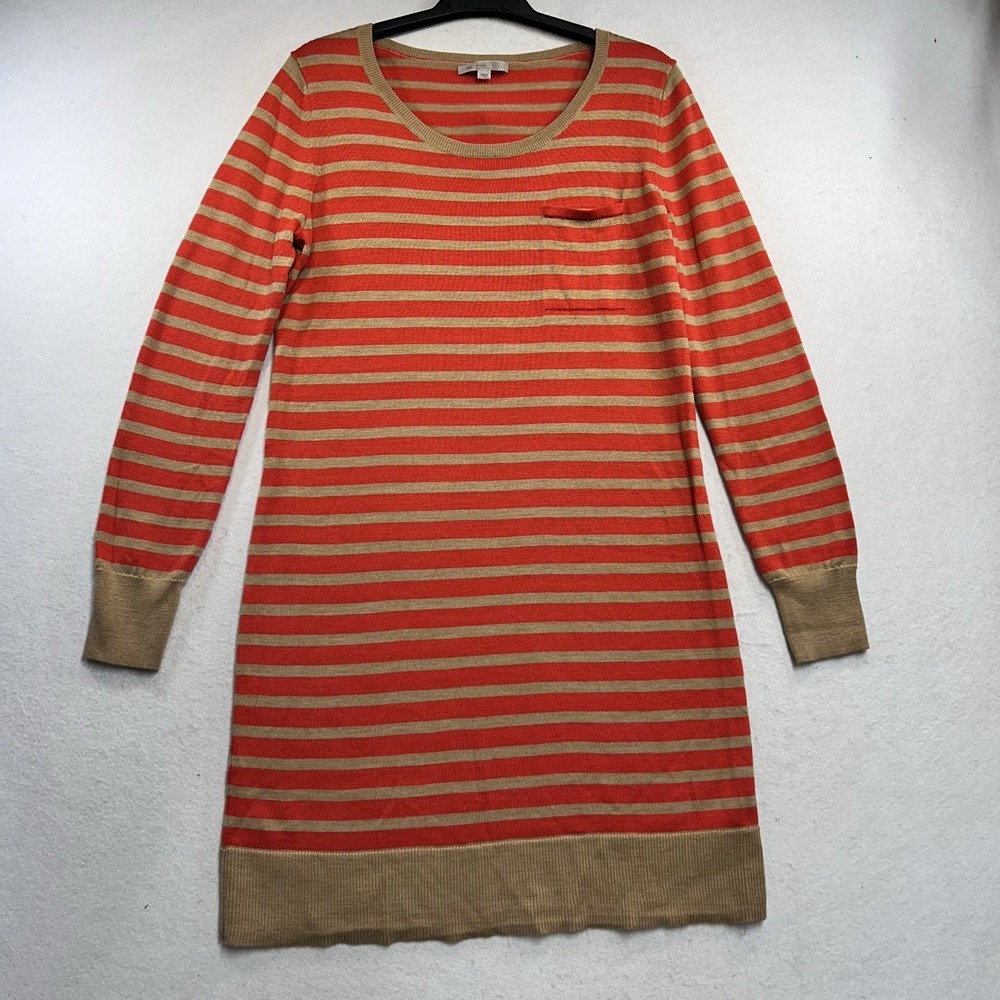Gap M Wool Sweater Dress Orange Tan Striped Knit Mini Pocket Fall Goth Halloween